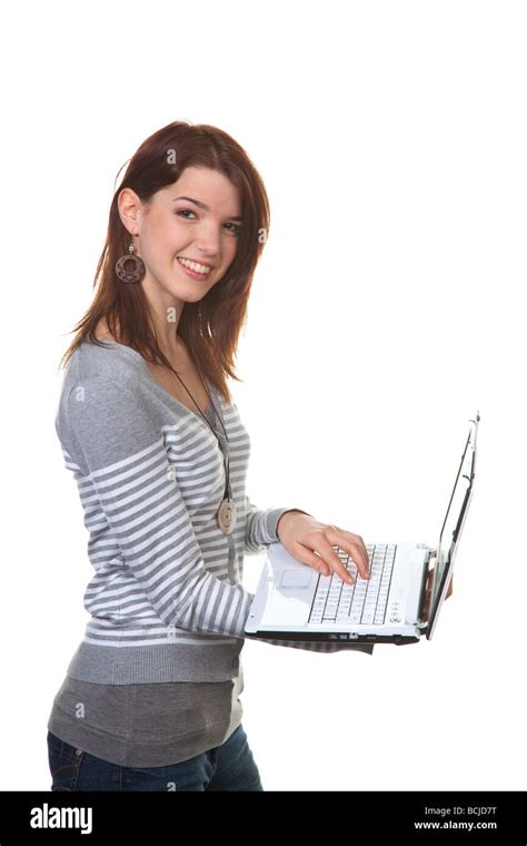 Young Pretty Girls With Their Laptops On The Arm Stock Photo Alamy