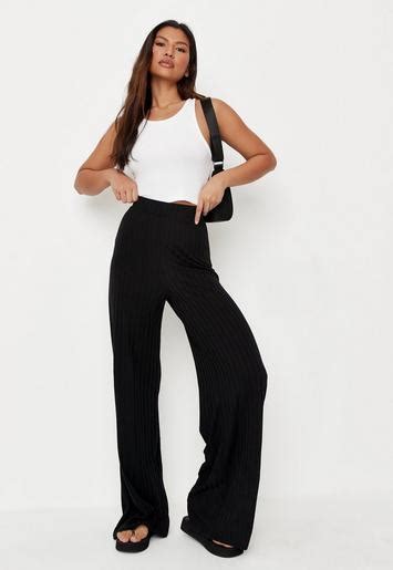 Black Ribbed Wide Leg Pants Missguided