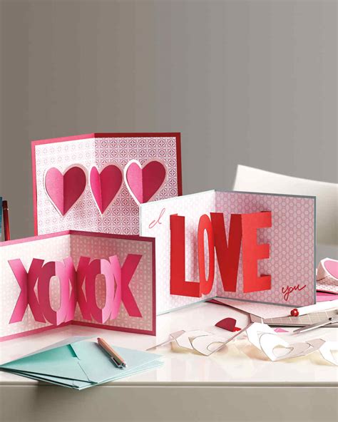 When you're ready to commit to the perfect card, use the online design tool to customize the fonts and colors of your wording, the backdrop, and your envelope's liner. 3-D Valentine's Day Cards | Martha Stewart