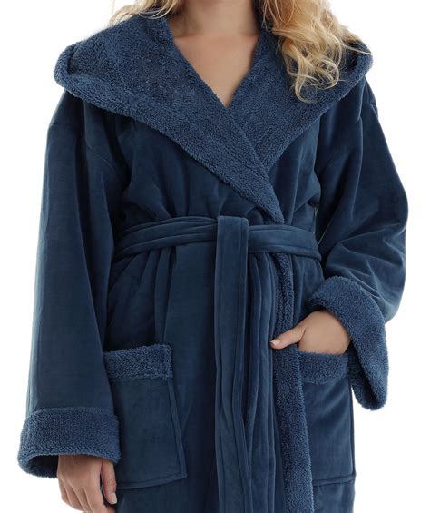 Womens Hooded Sherpa Robe Soft Plush Fleece Bathrobe
