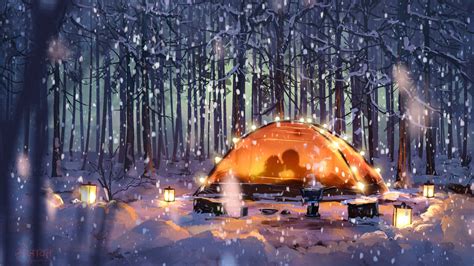 Wallpaper Couple Night Forest Snow Lantern Anime Winter