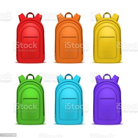 Realistic Detailed 3d Color Blank School Backpacks Template Mockup Set