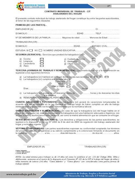 Formato Contrato Individual De Trabajo Para Trabajadoras Del Hogar