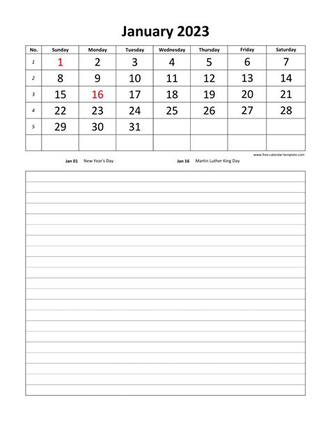 Printable 2023 January Calendar Grid Lines For Daily Notes Vertical