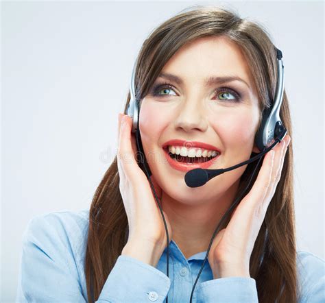 Smiling Woman Call Center Operator Touching Headsed Close Up B Stock Photos Free Royalty