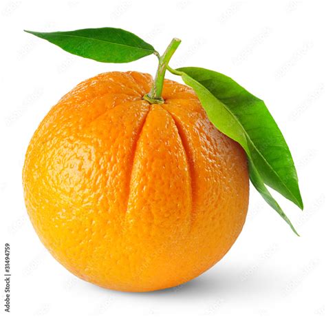 Isolated Orange Single Orange Fruit With Leaves Isolated On White