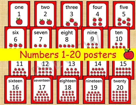 20 Printable Numbers Posters Happy Apple Numbers 1 20 Wall Charts Classroom Educational