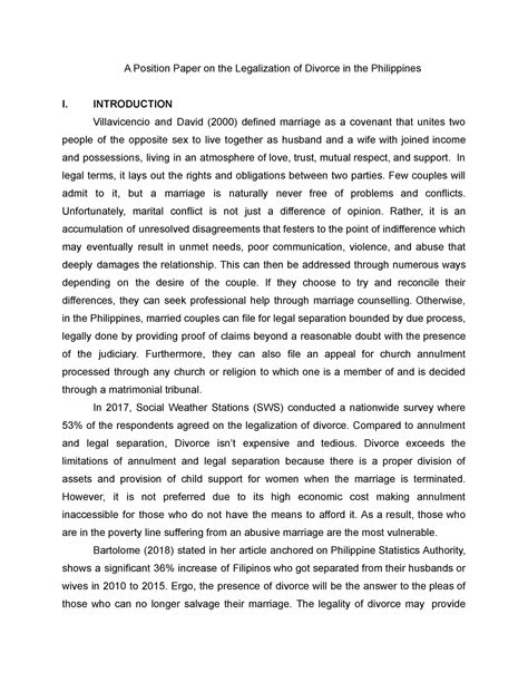 Position Paper On Legalization Of Divorce In The Philippines A