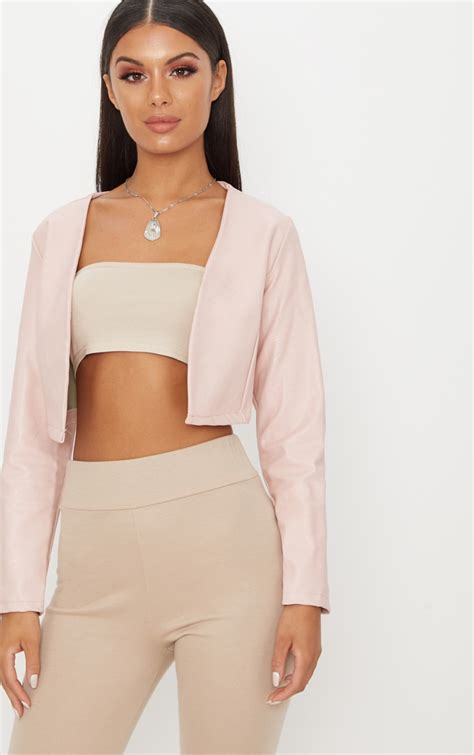Pale Pink Pu Cropped Blazer Coats And Jackets Prettylittlething Aus