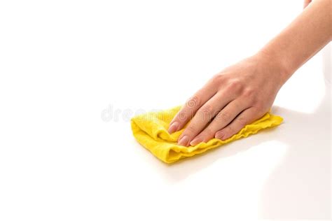 Female Hand With Yellow Rag Isolated On White Stock Image Image Of
