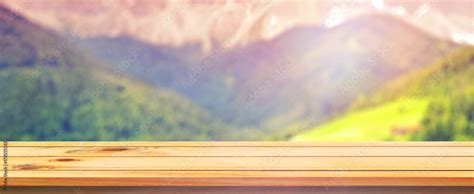 Wood Table Top On Blur Mountains Background Nature Concepts For