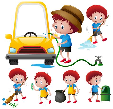 Boy Doing Different Types Of Chores 370202 Vector Art At Vecteezy