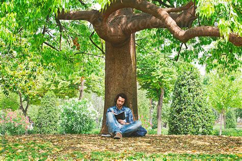 Maybe you would like to learn more about one of these? Young man writing on a notebook under a big tree of a park ...