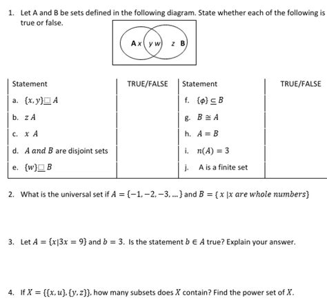 solved 1 let a and b be sets defined in the following diagram state whether each of the