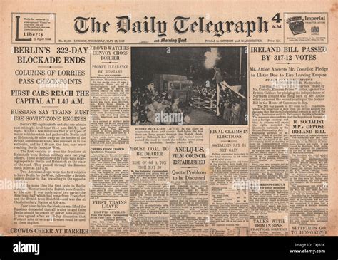 1949 Daily Telegraph Newspaper Front Page Berlin Airlift Stock Photo