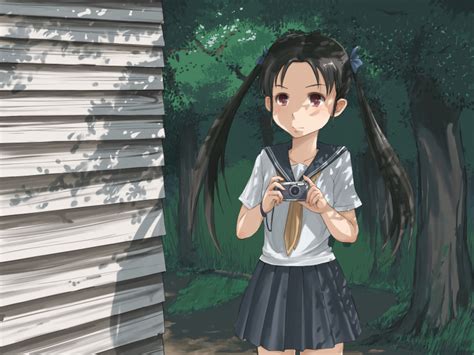 the big imageboard tbib 1girl arakure black hair camera long hair outdoors pleated skirt