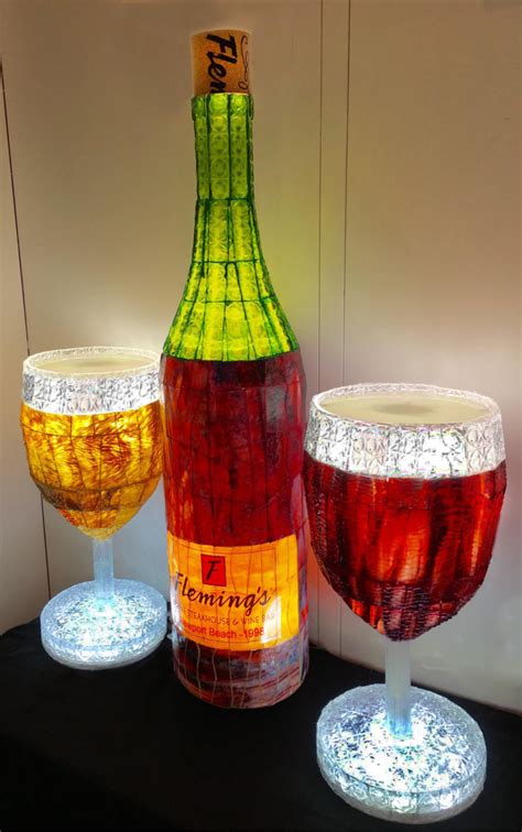 Stained Glass Illuminated Wine Bottle 4ft Tall And Two Wine Glasses 2ft Tall By Stained