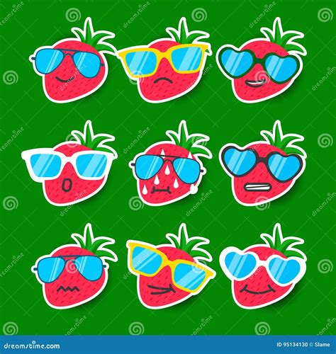 set of strawberry emojis kawaii style icons berry characters vector illustration in cartoon