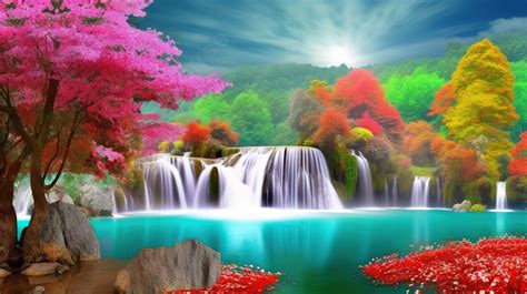 Large Waterfall With A Lot Of Colorful Trees And Flowers Background 3d