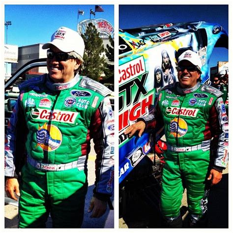 Two Pictures Of A Man In Racing Gear Standing Next To A Car And Smiling