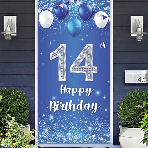 Happy 14th Birthday Banner Backdrop Balloons Crystal Glittery Stars Confetti Theme