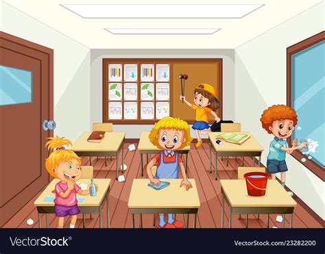 Group Of People Cleaning Classroom Royalty Free Vector Image