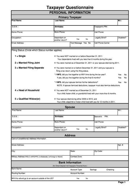 Taxpayer Questionnaires Form Fill Out And Sign Printable Pdf Template