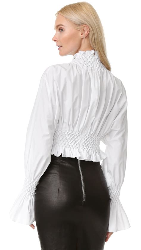 Kenzo Cotton Poplin High Neck Ruffle Blouse In White Lyst