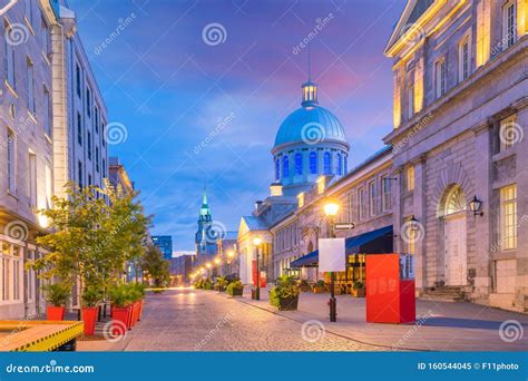 Old Town Montreal At Famous Cobbled Streets At Twilight Stock Image