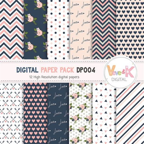 Navy And Pink Digital Paper Pack Scrapbook Digital Paper