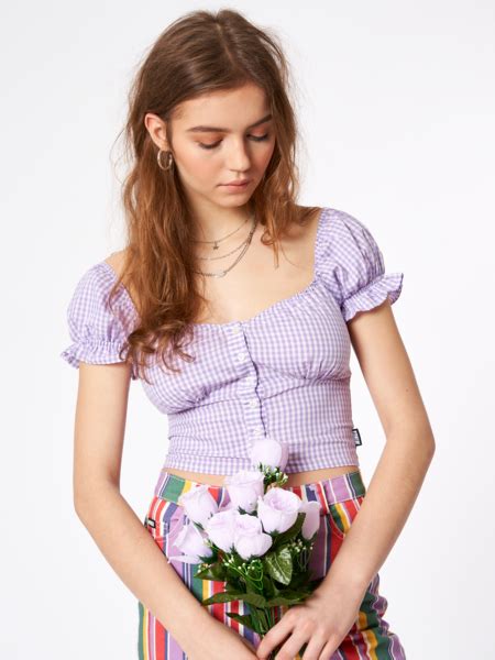 Vicky Gingham Puff Sleeve Top Ruffle Button Front Crop Womens Purple
