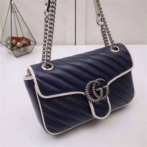 Gucci Gg Women Gg Marmont Small Shoulder Bag In Blue Diagonal Matelassé