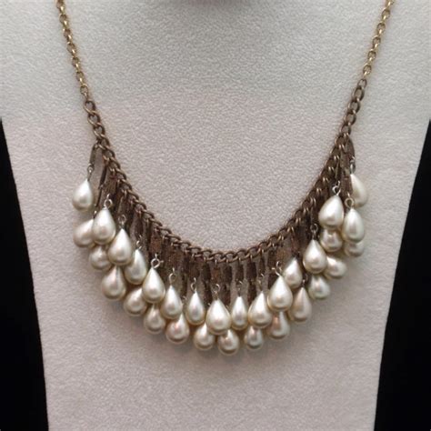 Fringe Necklace With Imitation Pearl Teardrops Vintage Staggered Rows