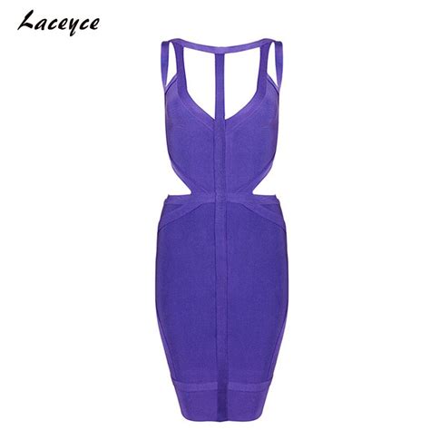 Laceyce 2018 Women Bodycon Bandage Dress Purple Straps V Neck Hollow Out Sleeveless Sexy