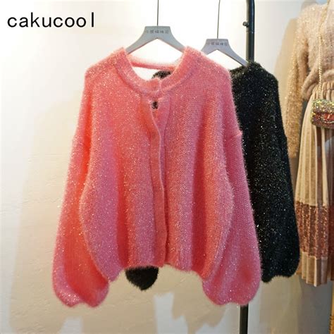 Cakucool Women Sliver Lurex Cardigans Spring Long Lantern Sleeve Knit Top Mohair Hollow Out