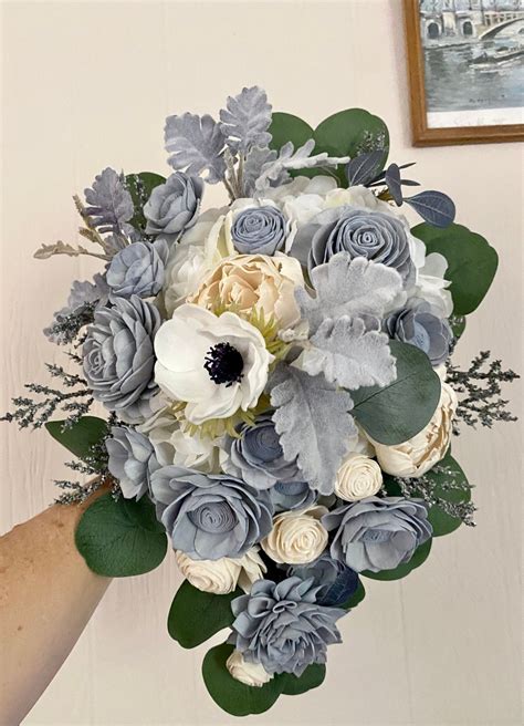 Teardrop Cascade Dusty Blue And Ivory Bridal Bouquet Made To Etsy