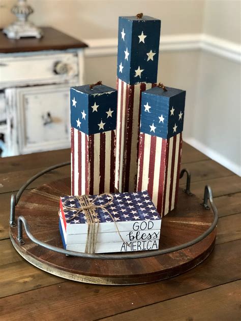 Independence Day Decor God Bless America Tri Color Farmhouse Book Stack