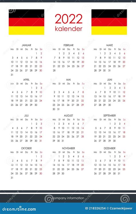 German Calendar For 2022 12 Months On One Page Weekend Start From