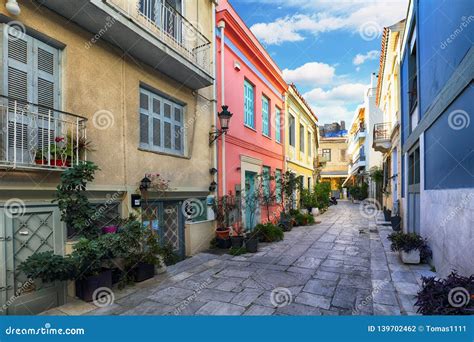 Athens Nice Old Street With Acropolis View Greece Stock Photo