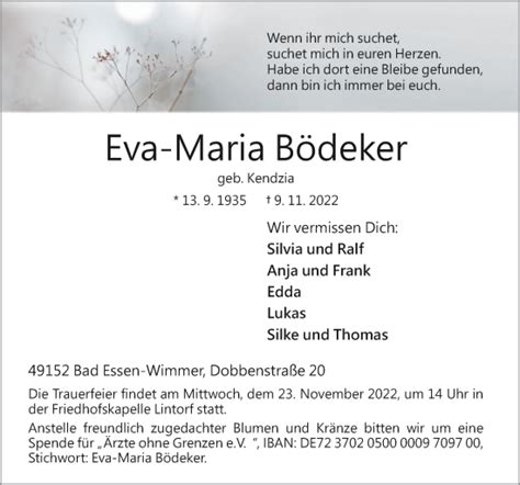 Traueranzeigen Von Eva Maria Bödeker Noz Trauerportal