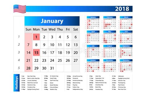 Usa Calendar 2018 Official Holidays And Non Working Days Week Starts