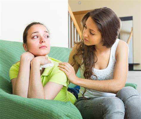 Girl Calms A Crying Friend Stock Image Image Of Apartment 57567199