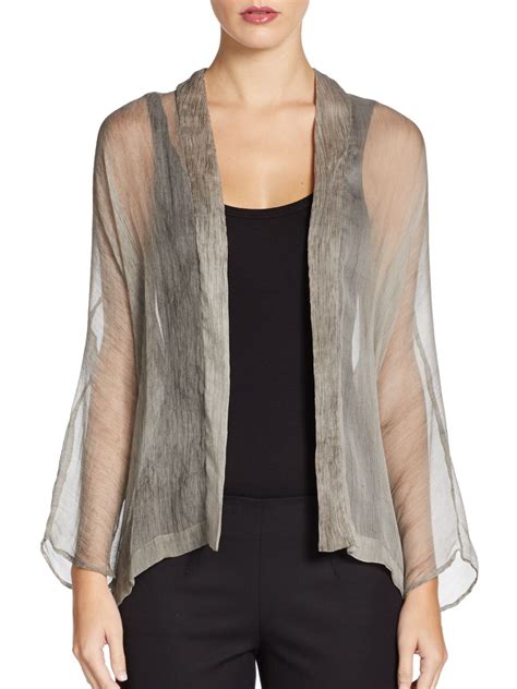 Eileen Fisher Sheer Silk Open Front Cardigan In Natural Lyst