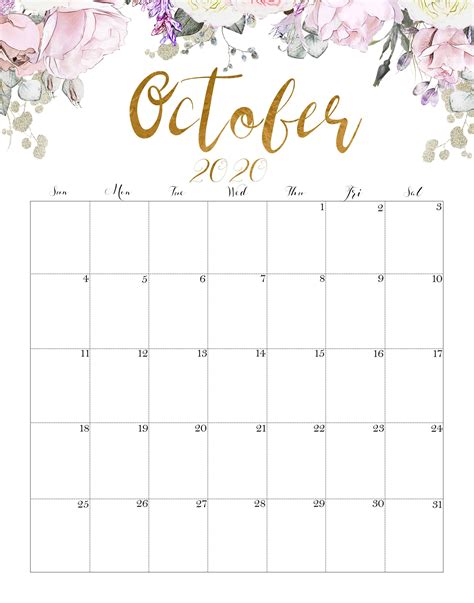 Floral October 2020 Calendar Printable October Calendar Printable