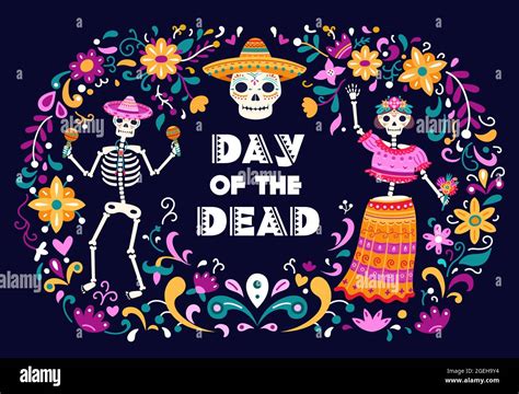 Day Of Dead Poster Mexican Sugar Skulls Death Woman Man Dancing