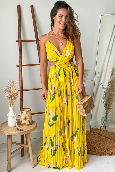 Yellow Floral Pleated Maxi Dress Maxi Dresses Saved By The Dress