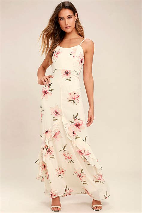 Lovely Cream Maxi Dress Floral Print Maxi Dress Ruffled Maxi Dress