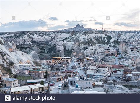 Aerial View Of Goreme Town With Cave Hotel Built In Rock Formation In