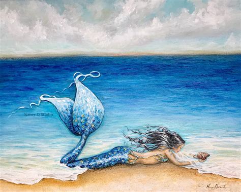 Mermaid On Beach Art Coastal Home Decor Fantasy Seashell Print In