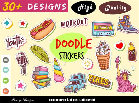30 Hand Drawn Doodle Stickers Coloring Cute Doodle Digital Etsy